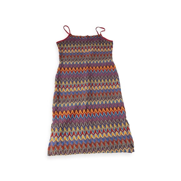 Vintage Y2K Eye Candy Zigzag Multicolor Knit Midi Dress With Red Spaghetti Strap - Picture 9 of 11